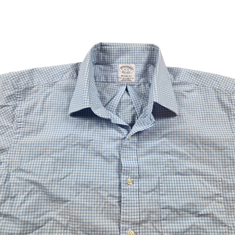 Brooks Brothers Dress Shirt Mens 16 35 Blue Check Button Up Long Sl Regent Plaid